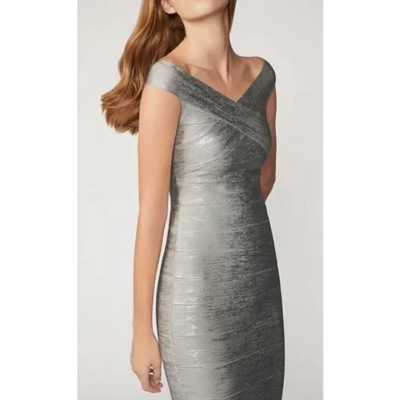 💕HERVE LEGER💕 Criss Cross Foil Bandage Dress ~ Silver Foil Large L NWT - Picture 5 of 16